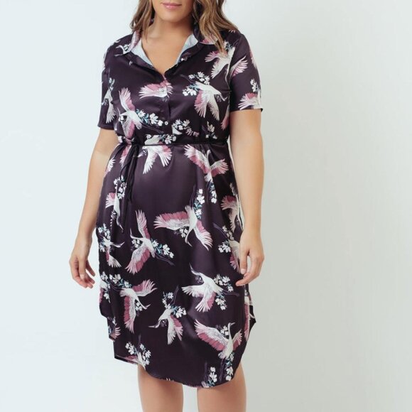 Kilo Brava Crane Satin Midi Shirtdress Tie Waist XXL NWOT - Picture 1 of 8